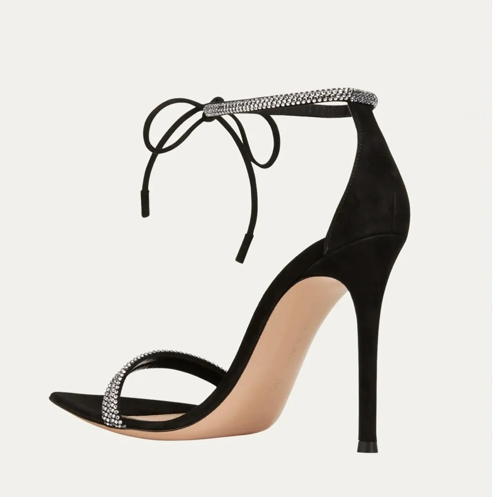 Gianvito Rossi Montecarlo Black Suede & Crystal Stiletto Heel Ankle-tie …